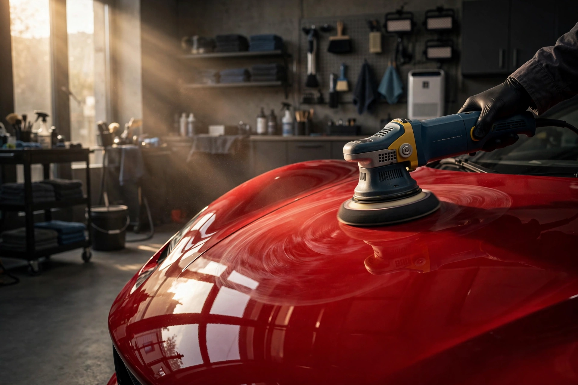 Machine polishing during Ferrari paint correction — swirl removal