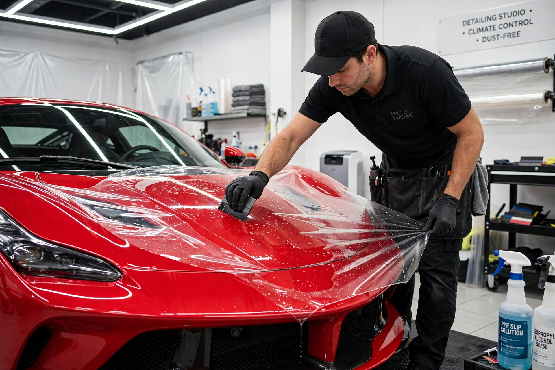 Paint protection film being applied to the bonnet of a red Ferrari
